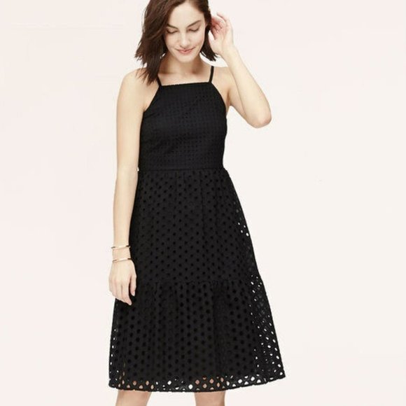 "LOFT" BLACK EYELET CASUAL CAREER COCKTAIL COTTAGE CORE TIERED DRESS SZE: 2P NWT - Picture 1 of 3